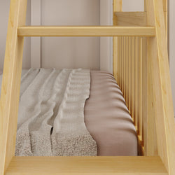 Wooden bunk bed with beige mattress and textured blanket, ideal for small space interior design.