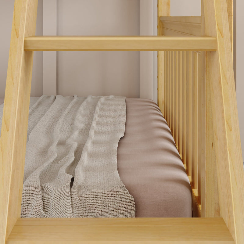 Close-up of natural wood bunk bed ladder and slatted guardrail with beige linen throw and tan fitted sheet, modern loft bed interior