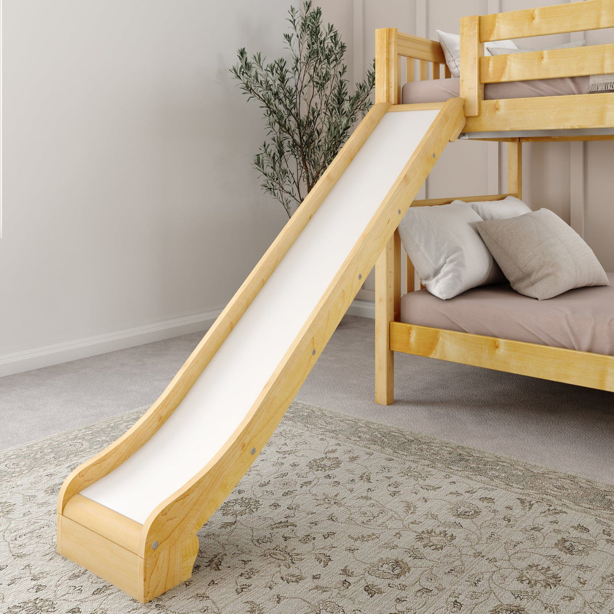 Wooden bunk bed with slide in neutral bedroom setting.