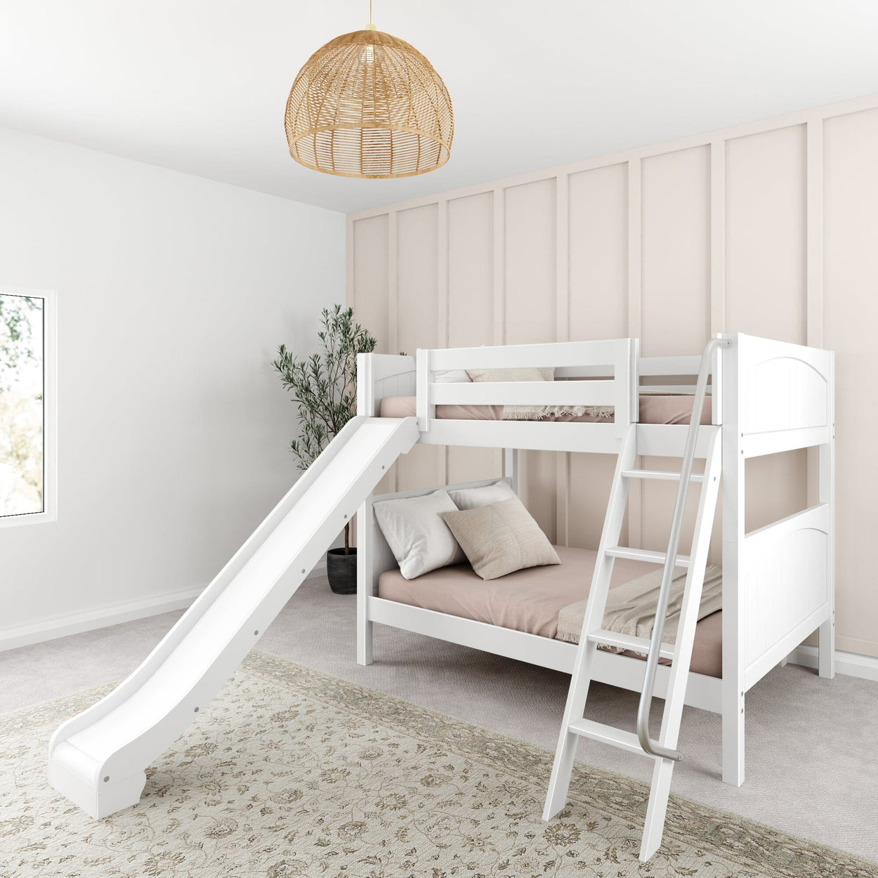 White bunk bed with slide in stylish kids' room, featuring modern design and neutral decor.