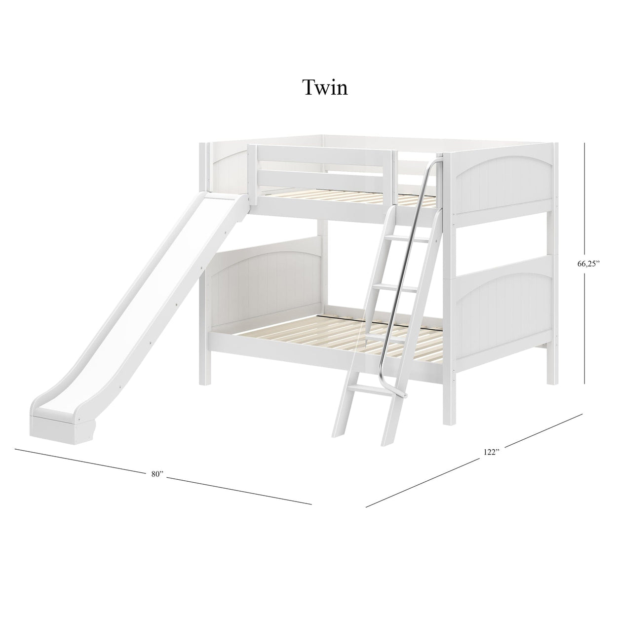 White twin bunk bed with slide and ladder, dimensions 80" x 66.25" x 122".