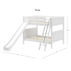 White twin bunk bed with slide and ladder, dimensions 80" x 66.25" x 122".