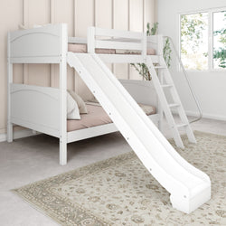 White bunk bed with slide and ladder in a modern, well-lit children's bedroom.