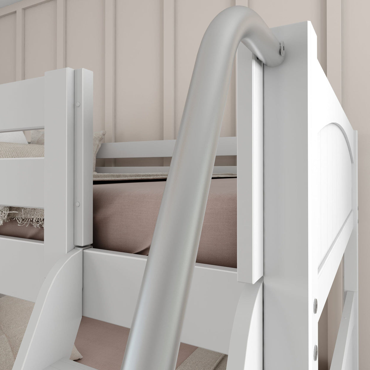 White bunk bed with a slide and beige bedding in a modern bedroom.