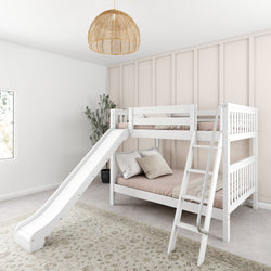 White bunk bed with slide in modern bedroom featuring beige walls, carpet flooring, and a woven pendant light.