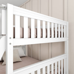 Modern white bunk bed with pink bedding and pillows in a stylish bedroom setting.