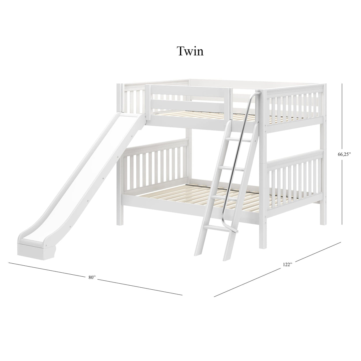 White twin bunk bed with slide and ladder, dimensions 80" x 122" x 66.25", ideal for kids' rooms.