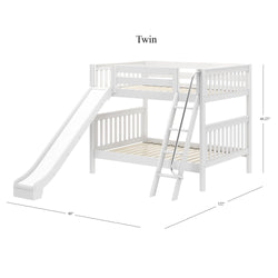 White twin bunk bed with slide and ladder, dimensions 80" x 122" x 66.25", ideal for kids' rooms.