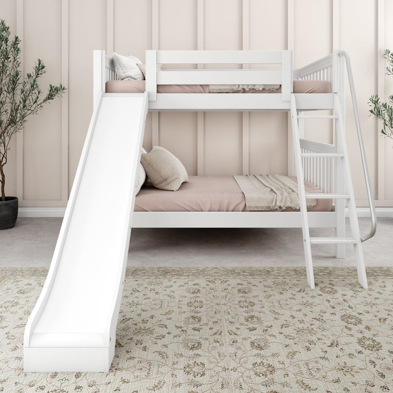 White wooden bunk bed with slide, modern kids bedroom furniture design.