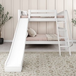 White wooden bunk bed with slide, modern kids bedroom furniture design.
