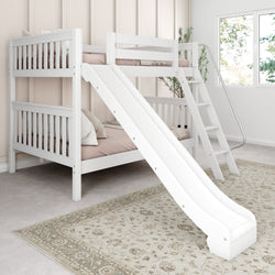 White bunk bed with slide in children's bedroom, featuring a stylish rug and natural lighting.