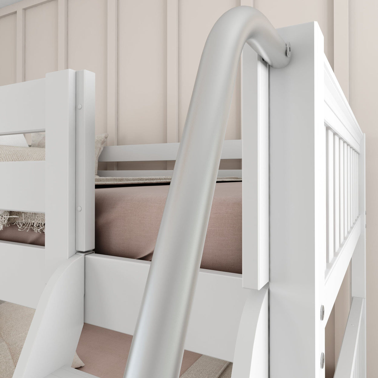 White bunk bed with metal slide in modern bedroom setting.