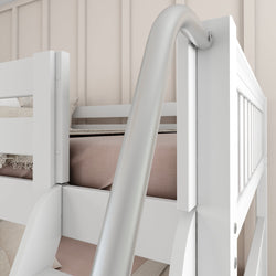 White bunk bed with metal slide in modern bedroom setting.