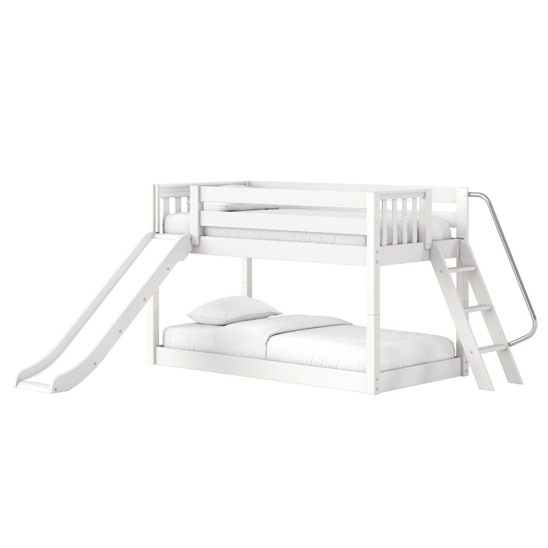 White wooden kids loft bed with slide and ladder, two-level bunk with guardrails, mattress and pillows — modern space-saving children's bedroom furniture