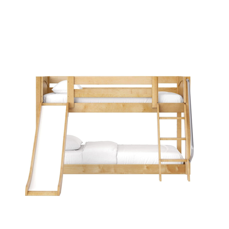 Light natural wood twin-over-full bunk bed with slide and ladder and white bedding, space-saving kids' bedroom furniture