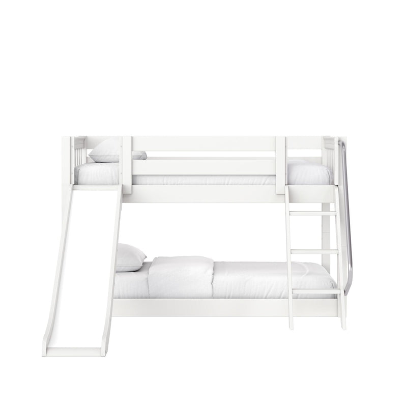 White wooden bunk bed with built-in slide and ladder, modern kids' bedroom furniture with white bedding