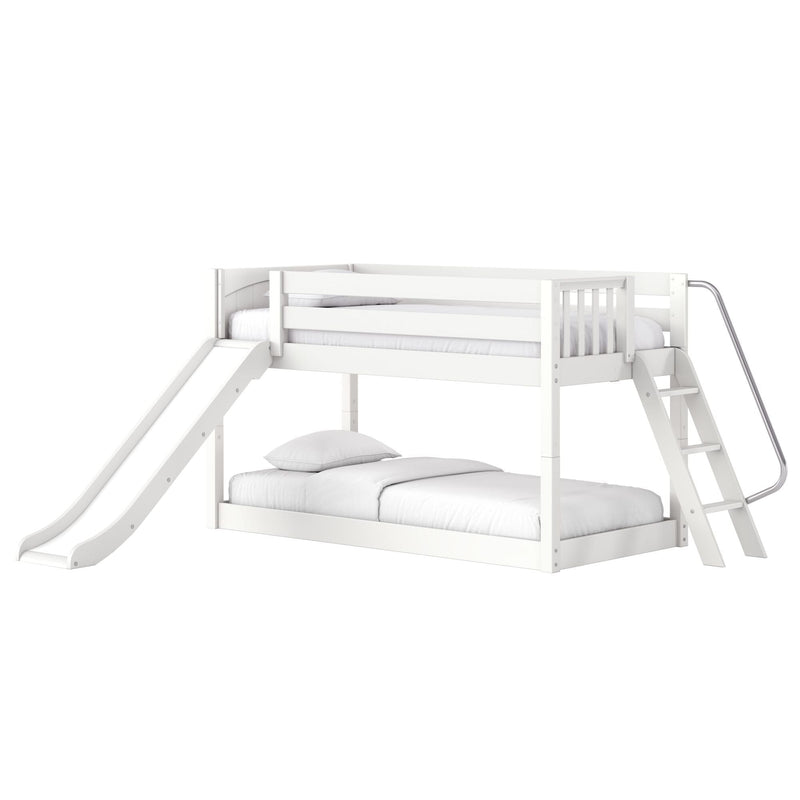 White wooden loft bunk bed with built-in slide, ladder and safety rails, staged with mattresses and pillows for kids' bedroom