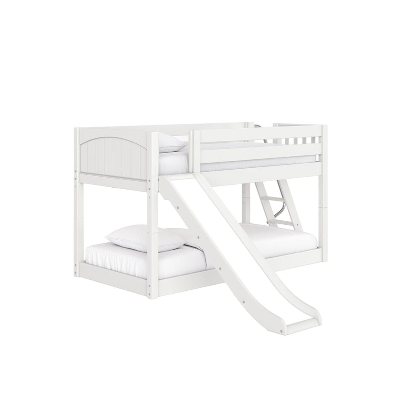White wooden loft bunk bed with slide and ladder, kids' bed with guardrails and mattress, modern children's bedroom furniture