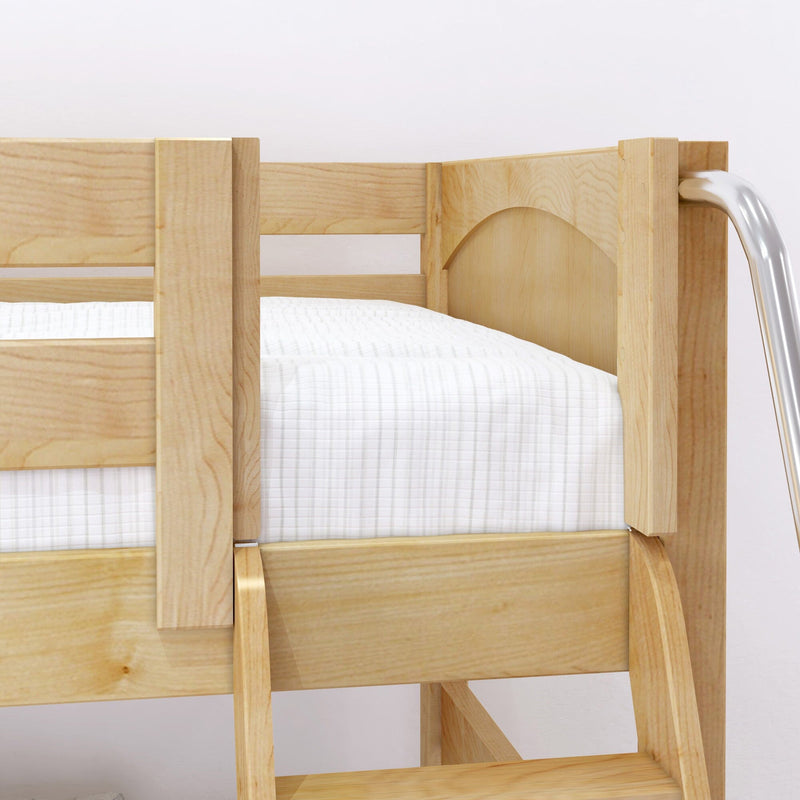 Close-up of natural pine bunk bed with built-in ladder and white mattress — solid wood children's loft bed detail