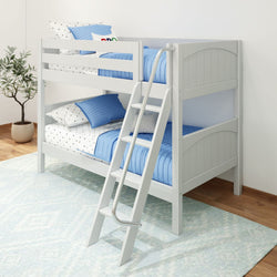 Gray bunk bed with blue bedding and ladder in modern bedroom.