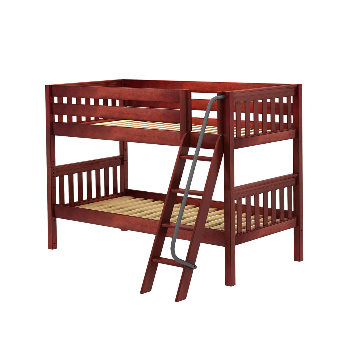 Red wooden bunk bed with ladder for kids' bedroom.