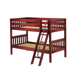 Red wooden bunk bed with ladder for kids' bedroom.