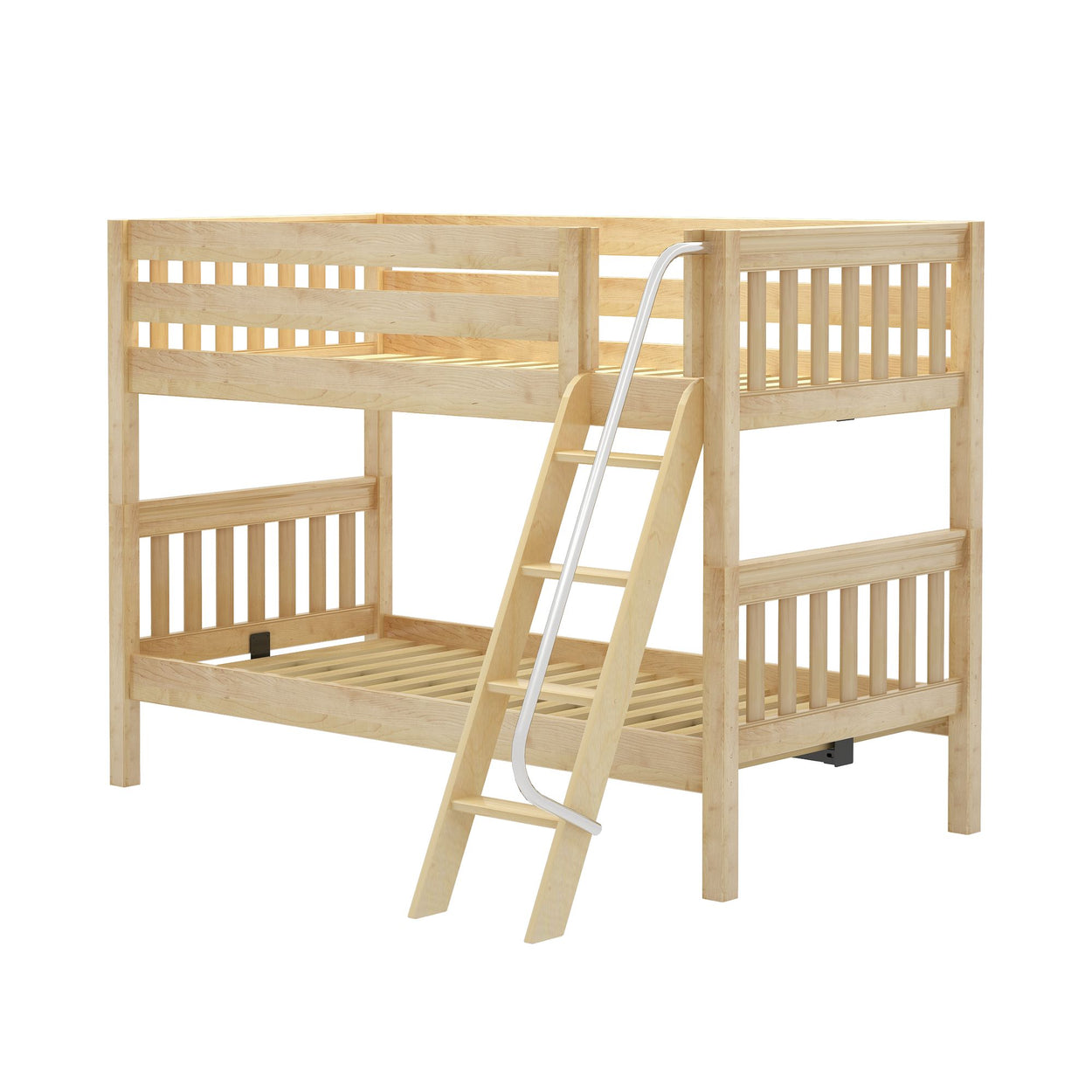 Wooden bunk bed with ladder in natural finish for kids' room furniture.