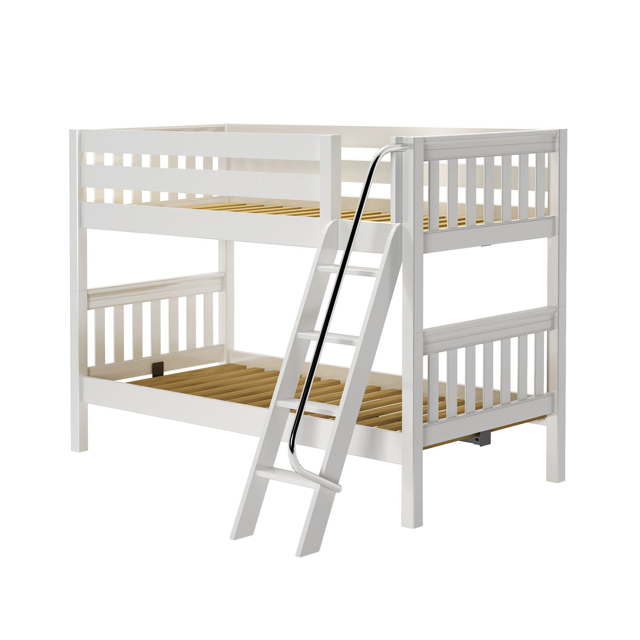 White wooden bunk bed with ladder for kids' bedroom.
