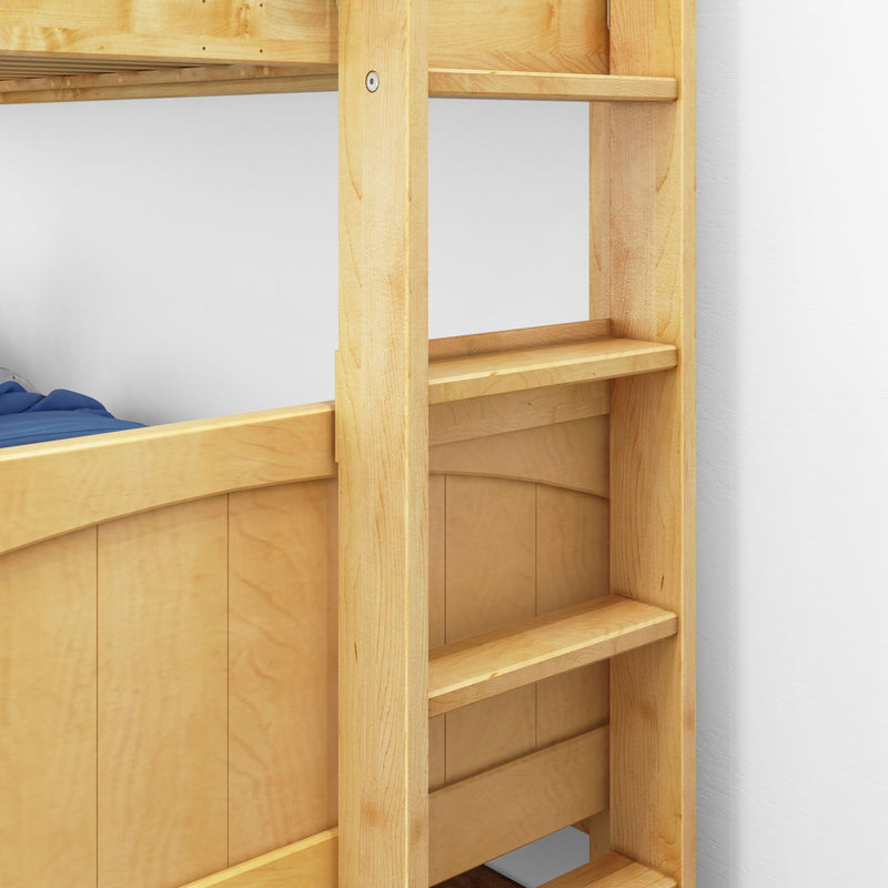 Close-up of light maple wood bunk bed ladder and side rails with blue bedding, solid plywood panels and natural finish bedroom furniture