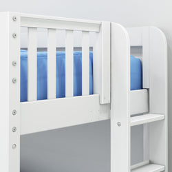 White wooden bunk bed with blue bedding and side ladder in a modern children's room.