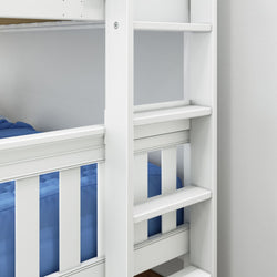 White bunk bed with blue bedding and integrated storage ladder.