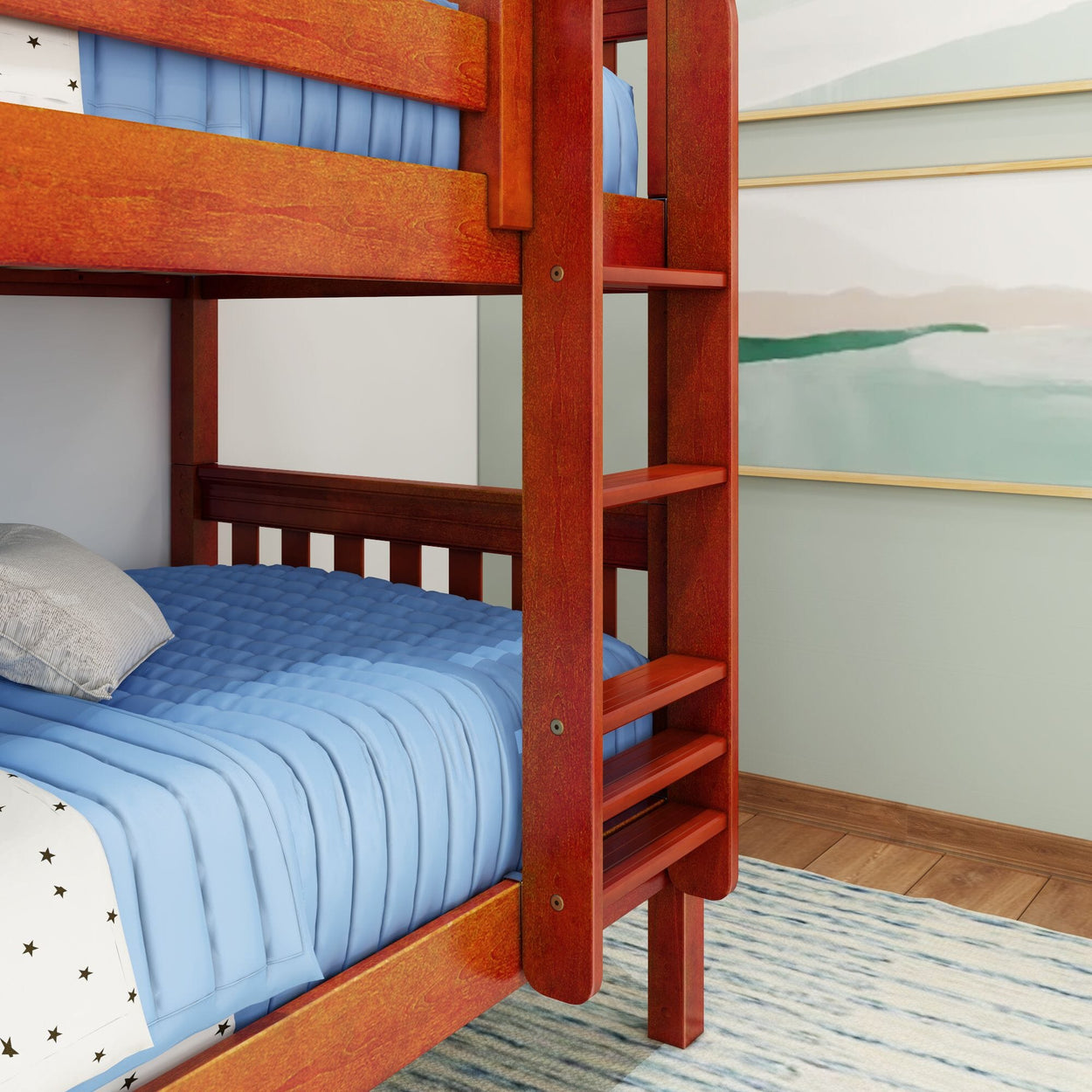 Red wooden bunk bed with blue bedding in a modern bedroom.