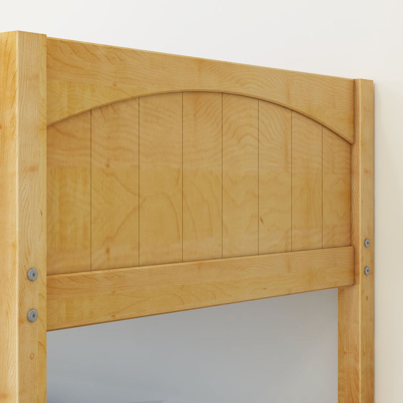 Maple wood bed headboard close-up with arched top, vertical plank slats, natural finish and exposed metal bolts — modern farmhouse bedroom furniture detail