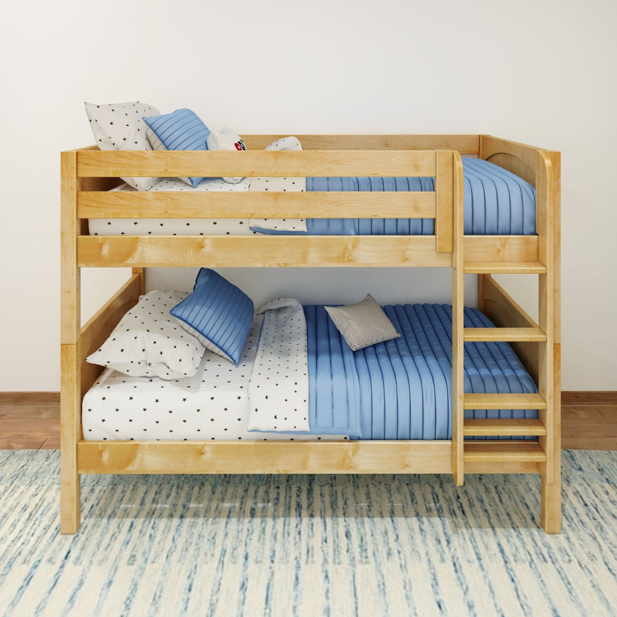 Wooden bunk beds with blue bedding and polka dot sheets in a modern bedroom.