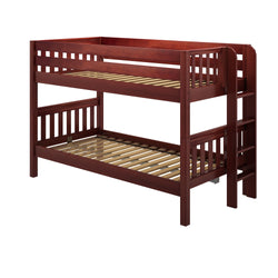 Wooden bunk bed frame with ladder in dark mahogany finish.