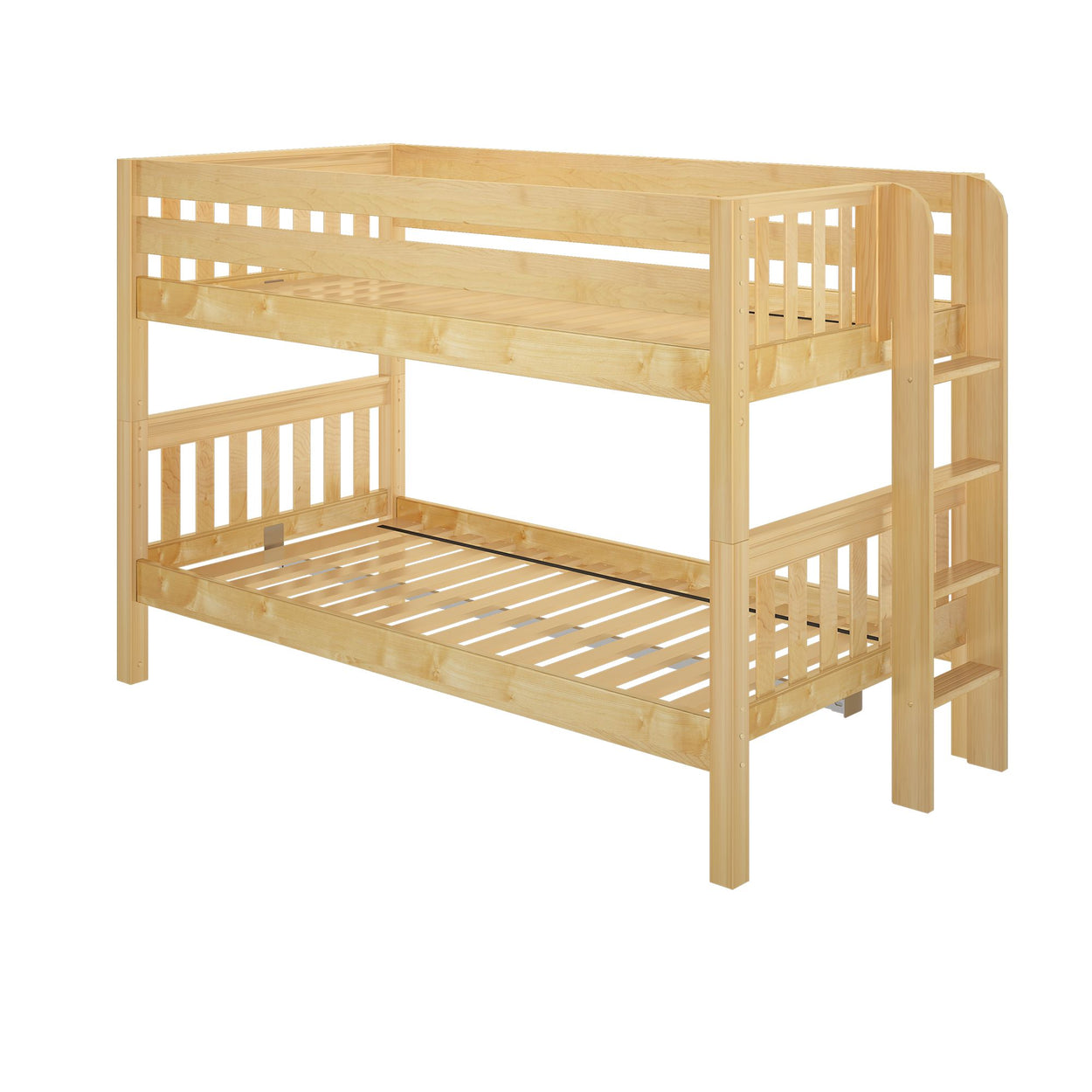 Wooden bunk bed frame with ladder and slatted design for kids' bedroom.