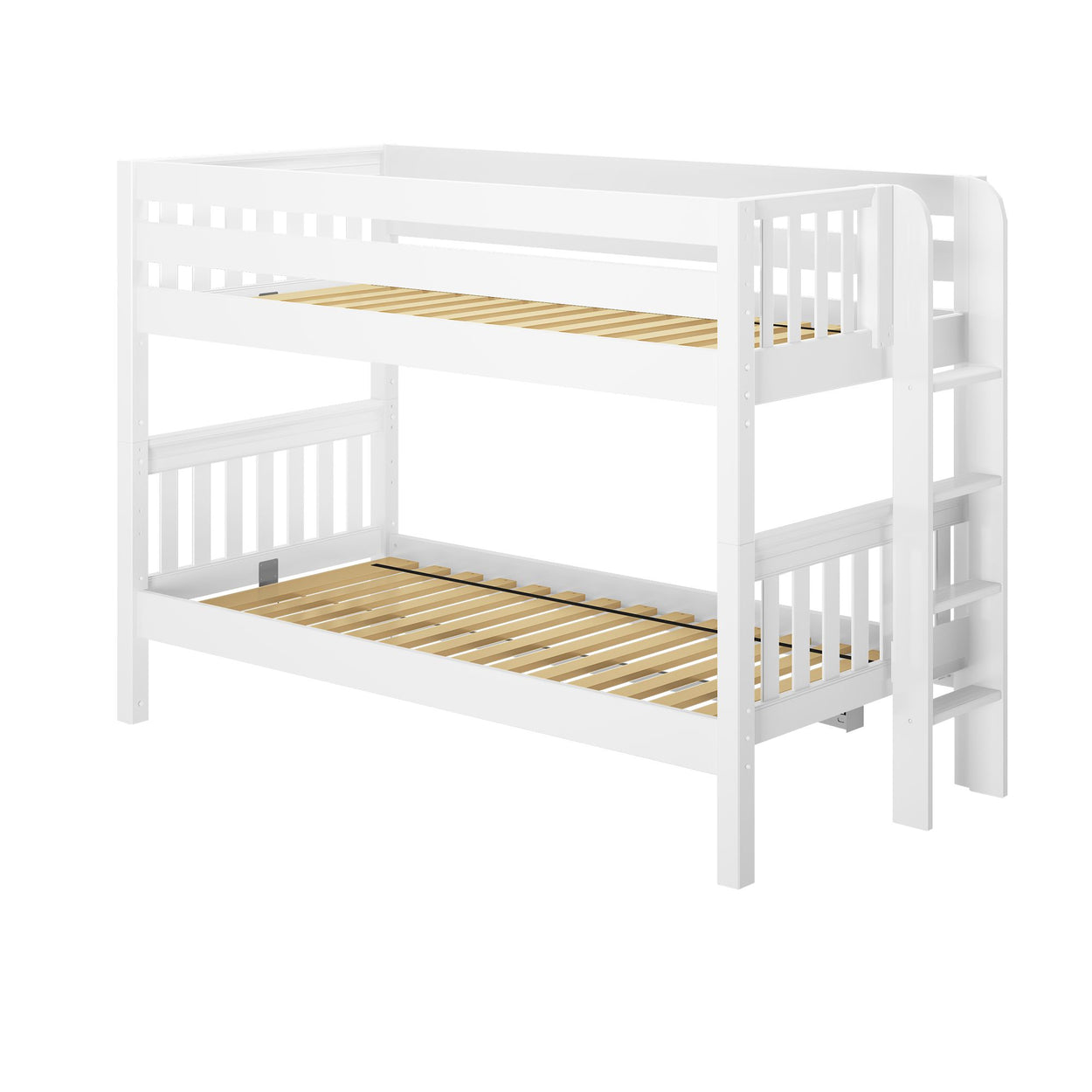 White wooden bunk bed with ladder and safety railings for children's room furniture.