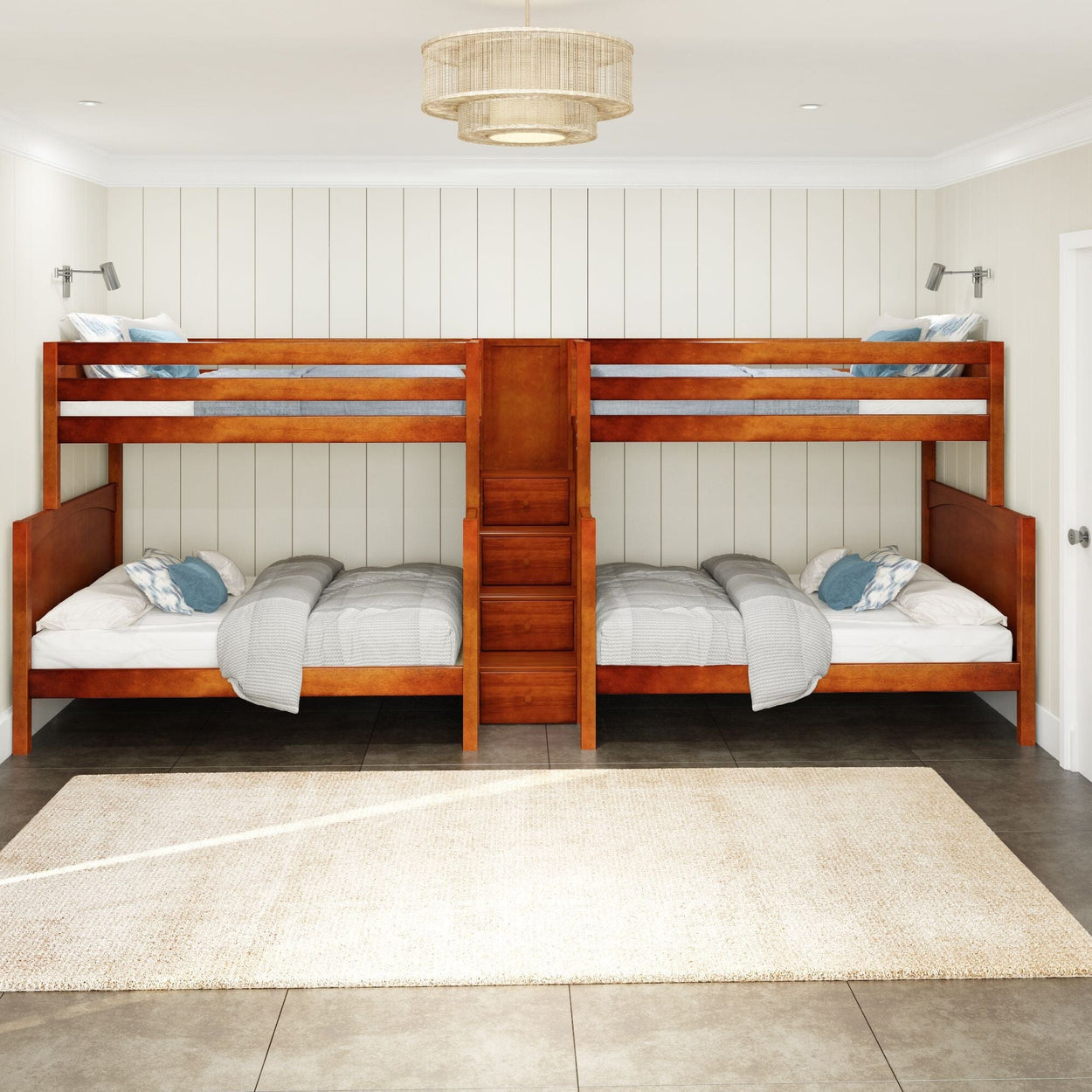Wooden bunk beds with grey bedding in a modern room with a woven rug and a light fixture.
