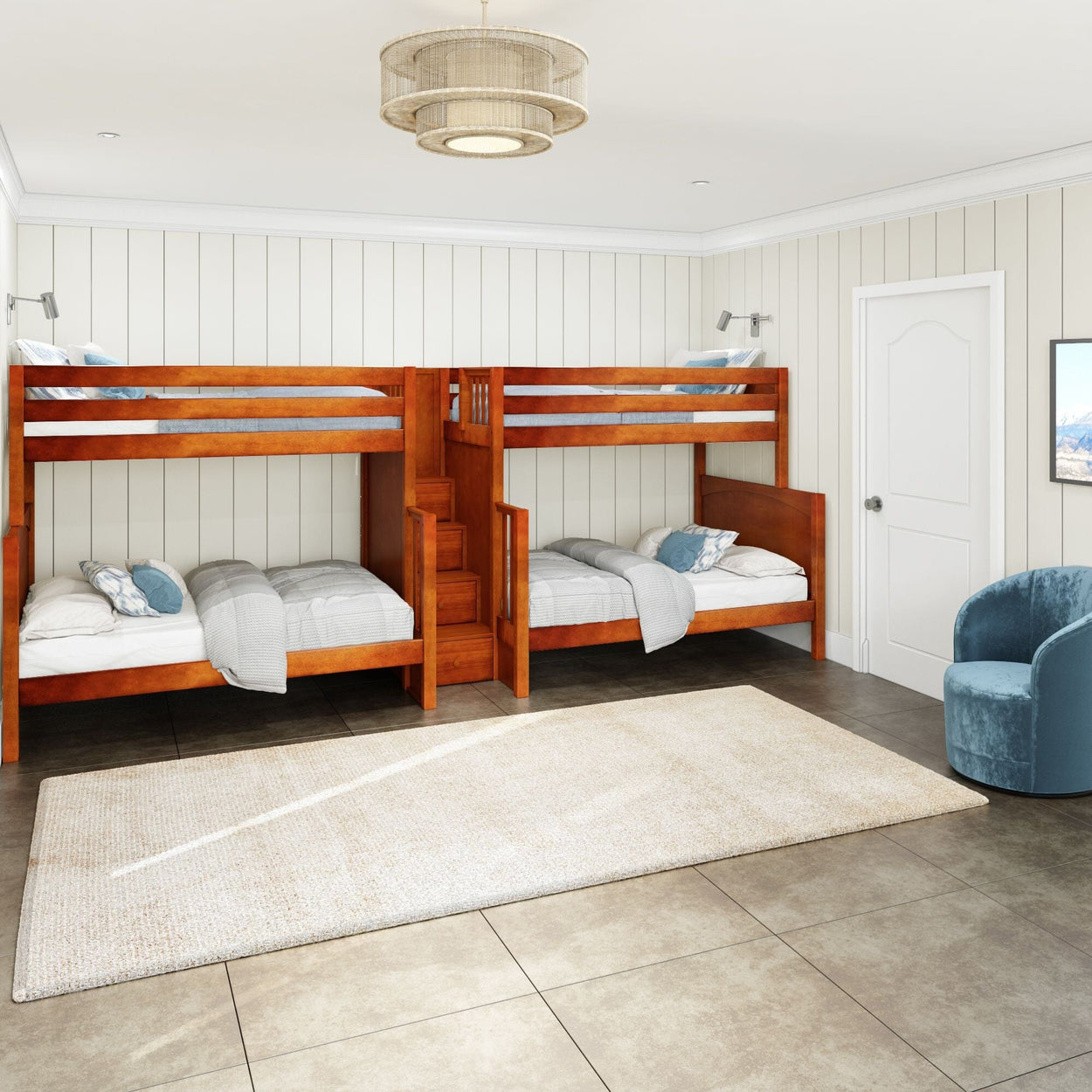 Cozy bedroom with two wooden bunk beds, white walls, blue armchair, and a beige rug.