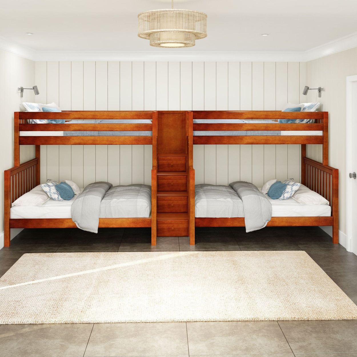 Four-person wooden bunk bed with ladder in modern bedroom setting.