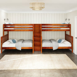 Four-person wooden bunk bed with ladder in modern bedroom setting.