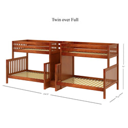 Twin over full wooden bunk bed with dimensions for kids' bedroom furniture.