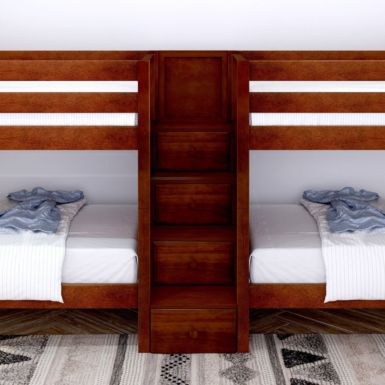 Wooden bunk bed with integrated storage drawers and patterned bedding in a cozy bedroom setting.