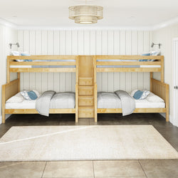 Four-bed wooden bunk bed setup in a cozy, modern room with natural lighting.