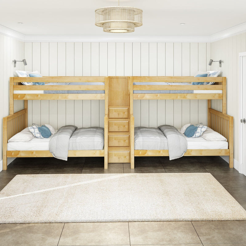 Twin wooden bunk beds with central ladder and built-in drawers, neutral gray-blue bedding, pendant light and white shiplap walls in a bright kids' bedroom