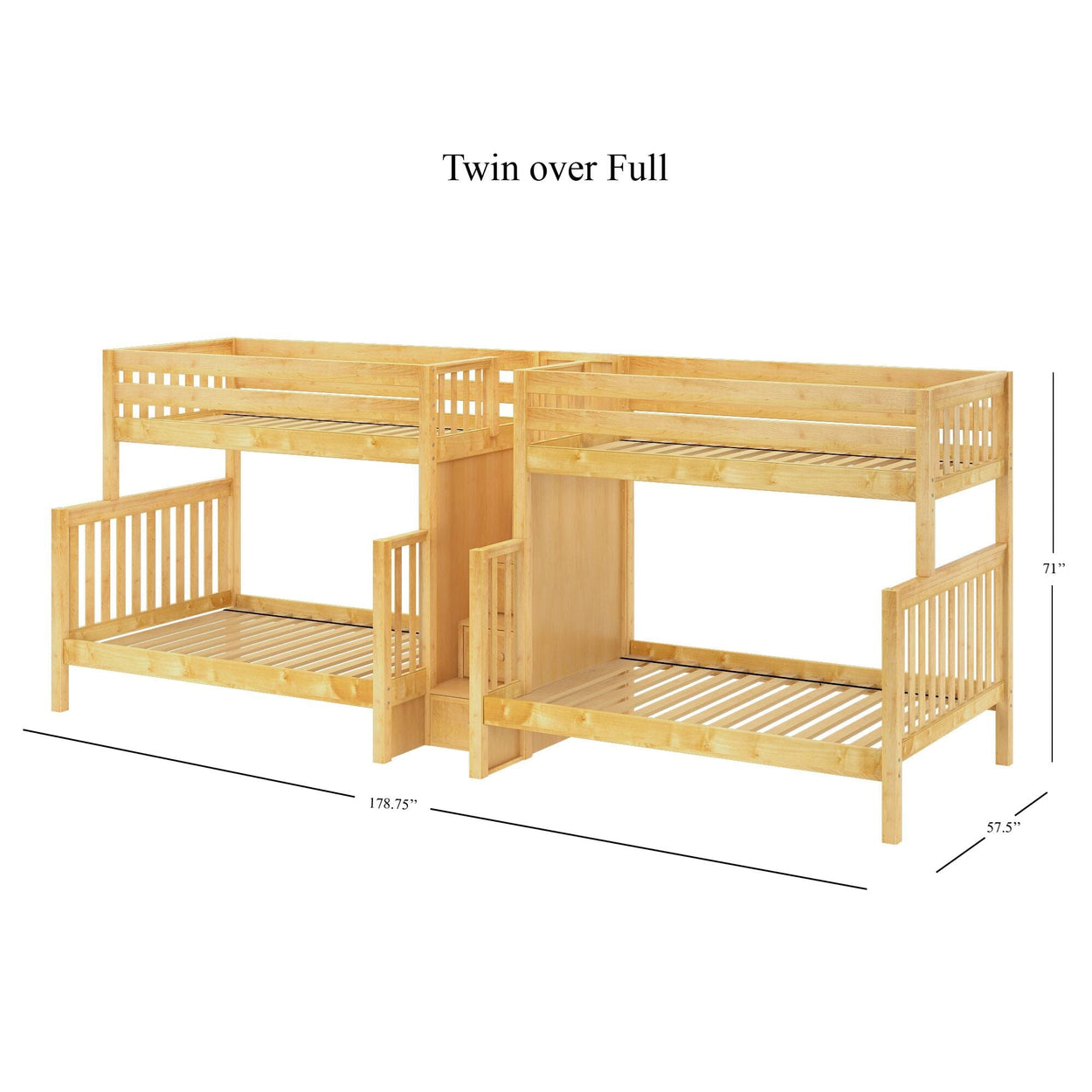 Wooden twin over full bunk bed with dimensions, modern design, and natural finish.