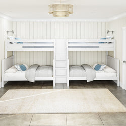 Modern white quadruple bunk bed setup in a stylish bedroom with wooden panel walls and a beige rug.