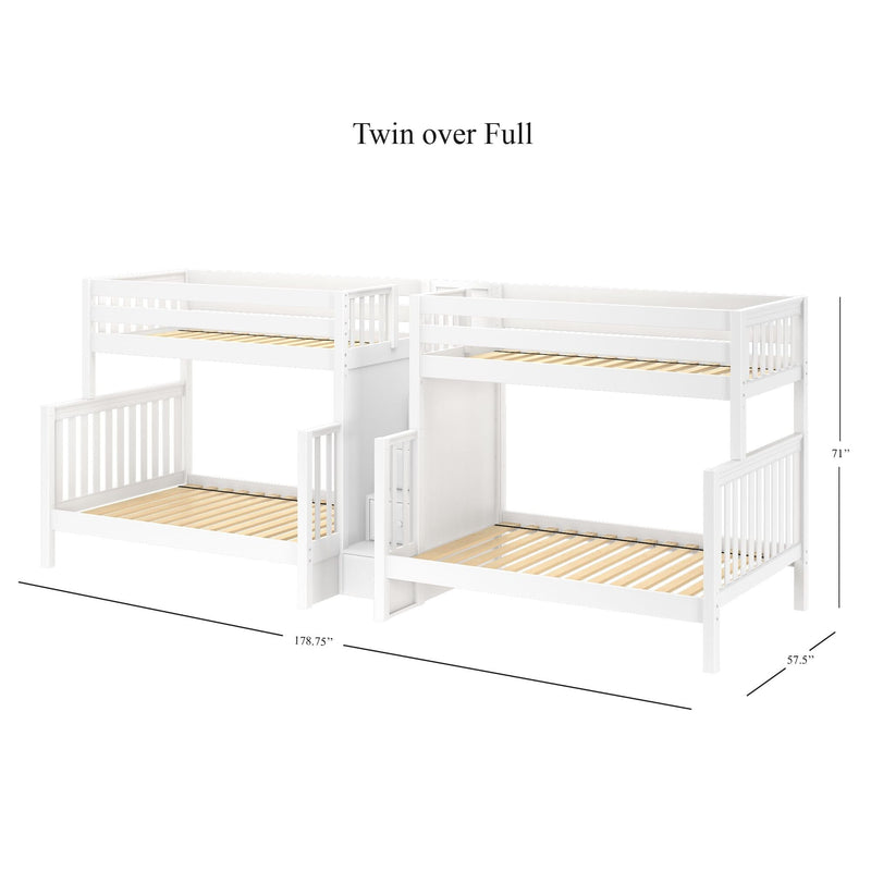 White wooden twin-over-full bunk bed with guardrails, built-in ladder and slatted mattress support, 71” H × 178.75” L × 57.5” D