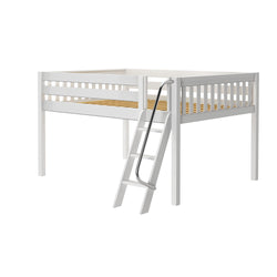 White wooden loft bed with angled ladder and safety rails.