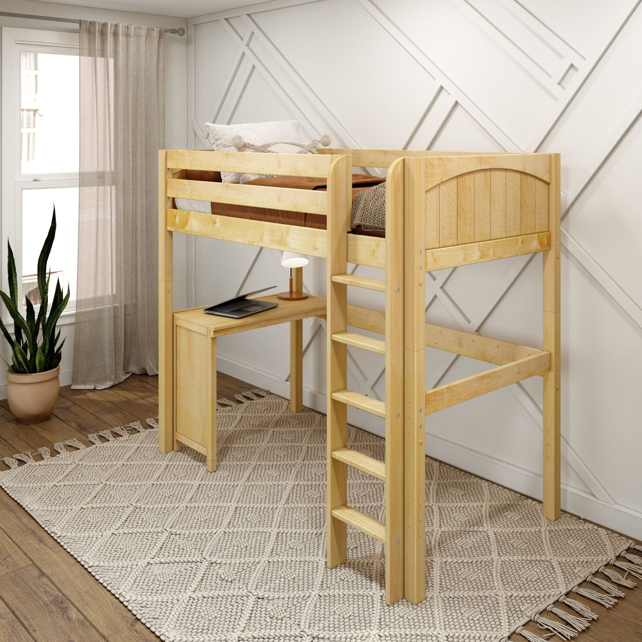 Wooden loft bed with integrated desk and ladder in modern bedroom featuring a geometric wall pattern.